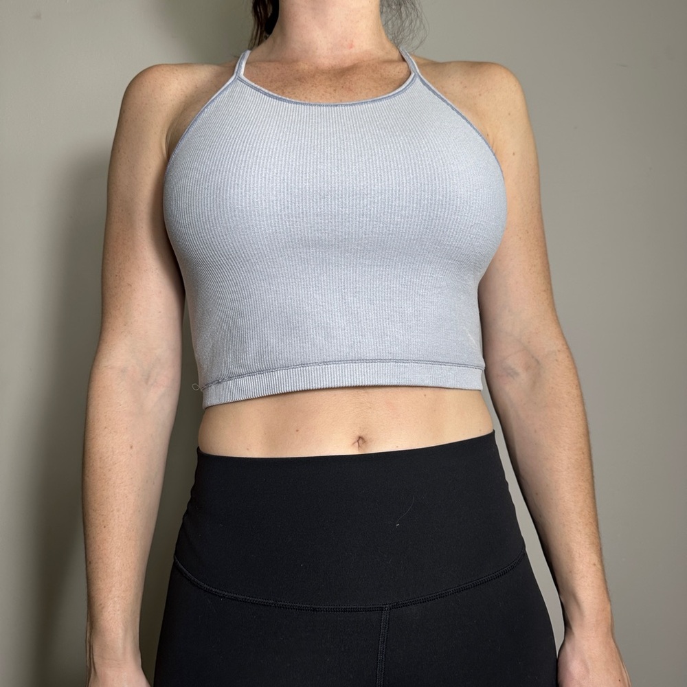 High Neck Light Blue Gray Ribbed Crop Top Size M